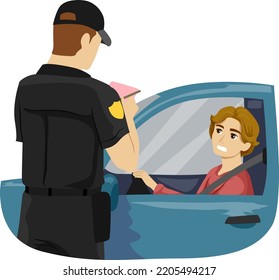 Illustration of Teen Guy In a Car Talking to a Police Officer Writing Traffic Ticket