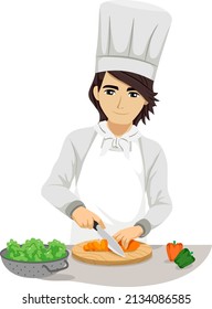 Illustration of Teen Guy Chef Wearing Apron and Toque Blanche Hat Holding Kitchen Knife and Slicing Carrots on Chopping Board