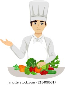 Illustration of Teen Guy Chef Wearing Apron and Toque Blanche Hat Talking about Vegetables