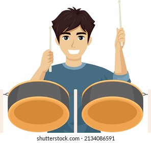 Illustration Of Teen Guy Holding Drum Sticks And Playing Steel Drums Musical Instrument