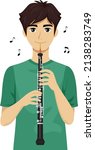 Illustration of Teen Guy Holding and Playing Oboe Instrument with Musical Notes Floating Around