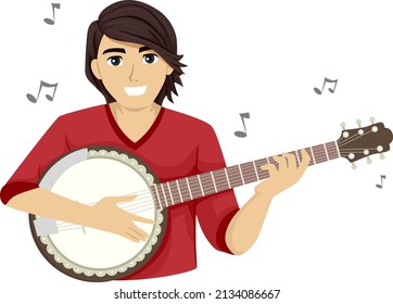 Illustration of Teen Guy Playing Banjo Instrument with Musical Notes Around