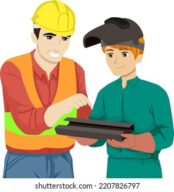 Illustration of Teen Guy Student Wearing Overall, Helmet Mask and Gloves Holding Metal Talking to Teacher Wearing Safety Vest and Hard Hat