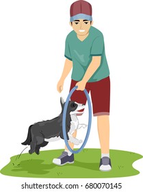 Ilustración de un adolescente usando un aro para enseñar a su perro mascota a hacer nuevas trucos