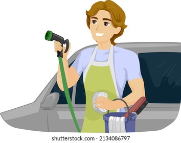 Illustration Of Teen Guy Wearing Apron, Carrying Pail With Cleaning Materials And Holding Water Hose For Washing Car