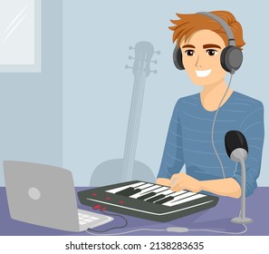 Illustration of Teen Guy Wearing Headphone with Microphone, Organ Keyboard and Laptop on Table. Self Production