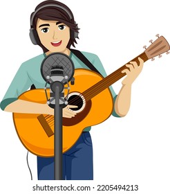Illustration of Teen Guy Wearing Headphones while Holding Guitar In Front of Microphone Recording Song Live