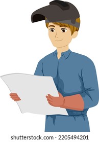 Illustration of Teen Guy Wearing Overall, Helmet Mask and Gloves Reading Welding Blueprint