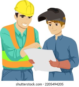 Illustration of Teen Guy Wearing Overall, Helmet Mask and Gloves Showing Blueprint to Teacher Wearing Safety Vest and Hard Hat