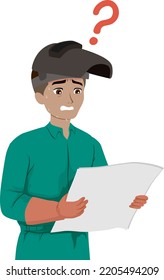 Illustration of Teen Guy Wearing Overall, Helmet Mask and Gloves with Question Mark, Not Knowing How to Read Blueprint