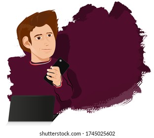 An illustration of a teen holding a phone, a tabet on the front and a solid purple background. Telefon ve bilgisayar kullanan teknoloji bağımlısı genç öğrenci