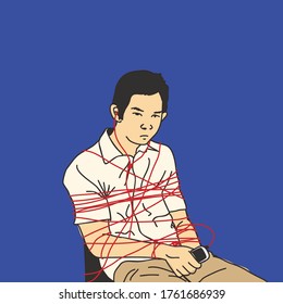 Illustration of teen listening music and wrapped around the headset cable