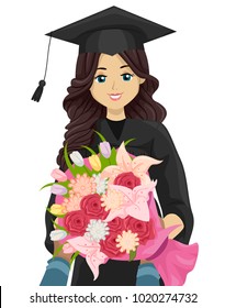 Illustration of a Teen Student Receiving Bouquet of Flowers on Her Graduation Day