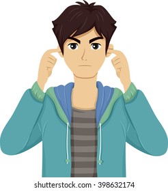 Illustration of a Teenage Boy Covering His Ears with His Fingers