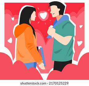 illustration of teenage boy and girl falling in love with each other. school setting. red color background, heart icon. suitable for the theme of love, youth, school, couples, etc. flat vector