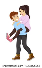 Illustration of a Teenage Boy Giving His Girlfriend a Piggy Back Ride