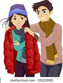 Illustration of a Teenage Boy Lending His Jacket to His Girlfriend