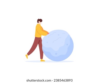Illustration of a teenage boy makes a giant snowball. pushed a snowball. enjoy and play. Wear winter clothes, jacket and gloves. people activity in winter. flat illustration design. vector elements