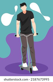 illustration of a teenage boy playing a scooter. suitable for youth themes, lifestyle, hobbies, vehicles, play, etc. flat vector