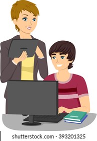 Illustration of a Teenage Boy Receiving Computer Lessons