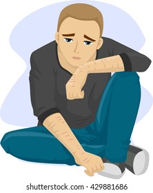 Illustration of a Teenage Boy with Scars from Self Inflicted Wounds