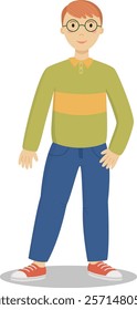 Illustration of a teenage boy wearing glasses. Guy dressed in pants and longsleeves stands with one leg back