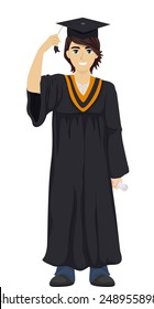 Illustration of a Teenage Boy Wearing a Graduation Toga and Cap