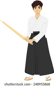 Illustration of a Teenage Boy Wearing Kendo Uniform Holding a Bamboo Stick