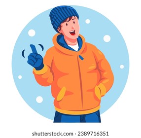 Illustration of a Teenage Boy Wearing Winter Clothes and warning gestures