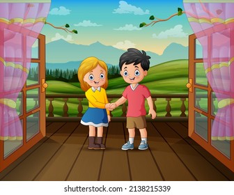 Illustration of teenage couple in the balcony of the house