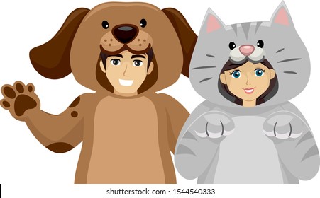 Illustration of Teenage Couple Girl and Guy Wearing Dog and Cat Costumes