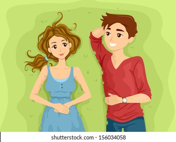 Illustration of a Teenage Couple Lying Side by Side on a Stretch of Grass