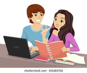 Illustration of a Teenage Couple Studying Together