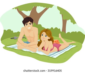 Illustration of a Teenage Couple Sunbathing in the Park