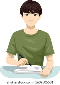 Illustration of a Teenage East Asian Guy Writing Notes and Studying