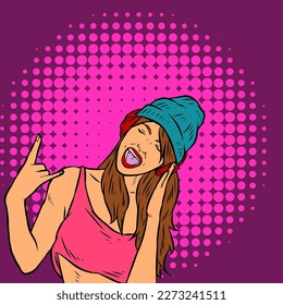 Illustration of a teenage female wearing beanie hat and sound headset hearing music with happy gesture. Illustration of a teenage girl in casual urban outfit enjoying music from her headphone. Illustr