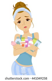 Illustration of a Teenage Girl with an Acne Breakout Cradling Acne Products