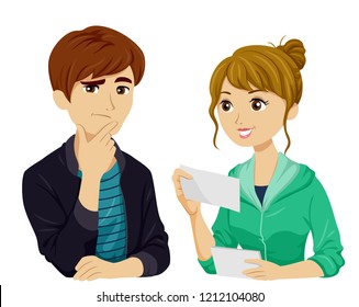 Illustration of a Teenage Girl Asking Questions in Flash Cards Helping Friend to Study