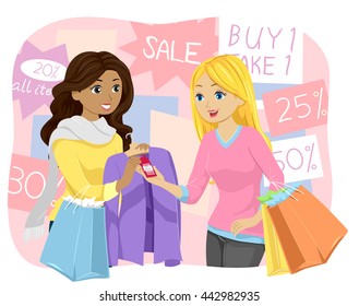 Illustration of a Teenage Girl Buying a Discounted Shirt