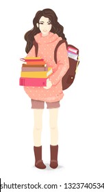 Illustration of a Teenage Girl Carrying a Backpack Full of Books and Carrying Some More