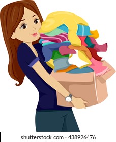 Illustration of a Teenage Girl Carrying a Donation Box Full of Clothes