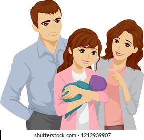 Illustration of a Teenage Girl Carrying Her Baby with Her Mother and Father Beside Her