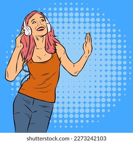 Illustration of a teenage girl in casual urban outfit enjoying music from her headphone. Illustration of a teen female in retro comic pop art style.