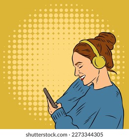 Illustration of a teenage girl in casual urban outfit enjoying music from her headphone. Illustration of a teen female in retro comic pop art style.