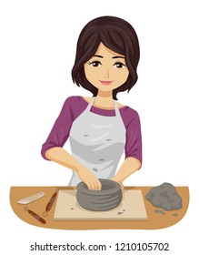 Illustration of a Teenage Girl in a Ceramic Workshop Holding Clay with Loop Trim Tools and Wood Rib