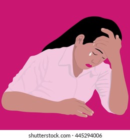 Illustration of a Teenage Girl Clutching Her Forehead While Crying, Close-up of a sad and depressed young woman,  Concept illustration about sadness and depression.