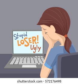 Illustration of a Teenage Girl Crying After Being Bullied and Called Nasty Names Over the Internet