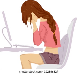 Illustration of a Teenage Girl Crying in Front of Her Computer