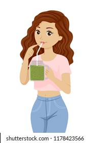 Illustration of a Teenage Girl Drinking a Broccoli Sprout Smoothie from a Mason Jar with Straw