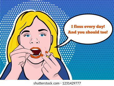 Illustration of a Teenage Girl Flossing Her Teeth in retro comic style